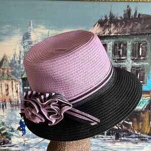 Angela & William Woven Black and Lilac Floppy Adjustable Straw Hat